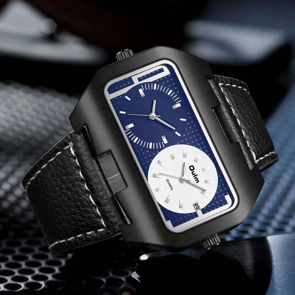 Oulm New Fashion Trend Cool Men's Night Light Calendar Function Dual Time Zone Rectangular Large Dial Quartz Watch reloj