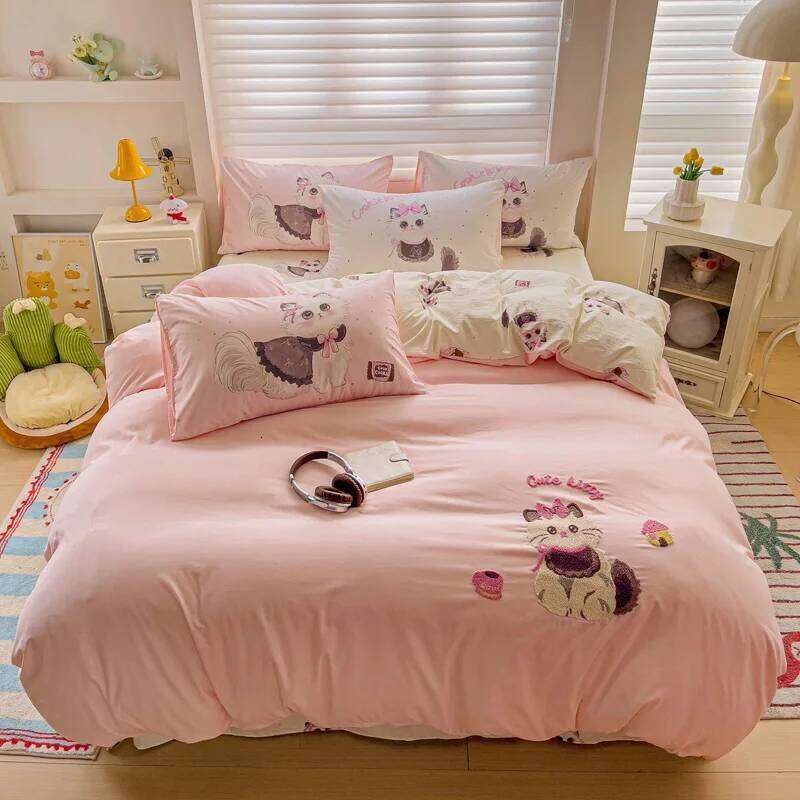 Cute Pink Cartoon Cat Towel Embroidery Girls Kids Bedding Soft Washed Cotton Duvet Covers Set Bed Sheet Pillowcases 3/4Pcs H260312