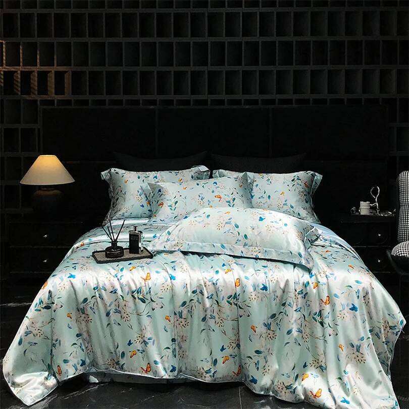 Floral Silk Bedding Set with Duvet Cover Bed Sheet Pillowcase Couple Single Double King Queen Soft Bedsheet Nordic Smooth H260312