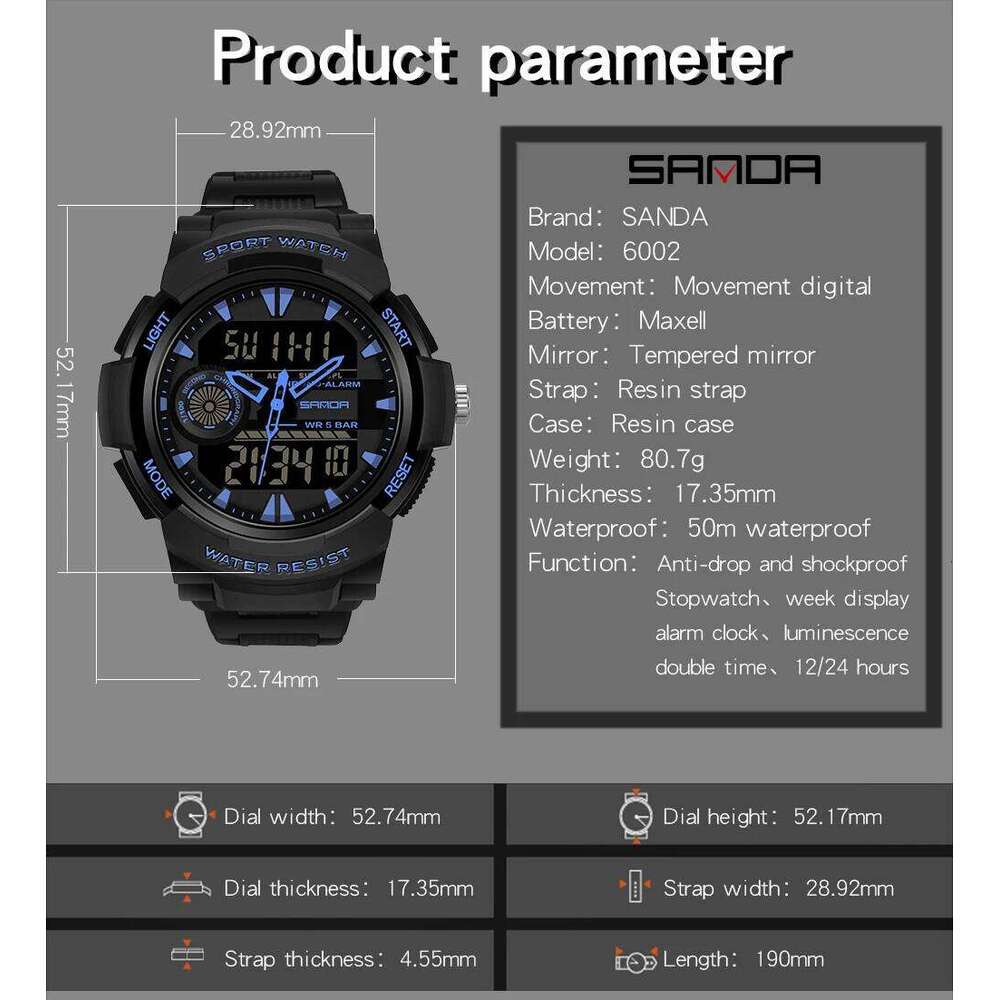 SANDA 6002 New design Large Men Watches Digital Sport Watch Luminous 5BAR Waterproof Male Quartz Dual Display relogio masculino