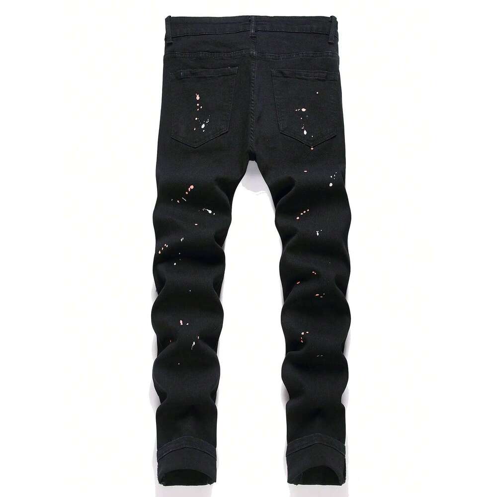 y2k Stretchy Skinny Jeans For Men Casual pants Ripped Patchwork Hole Slim Fit Denim Hip Hop Black Straight Trousers 26Y0312