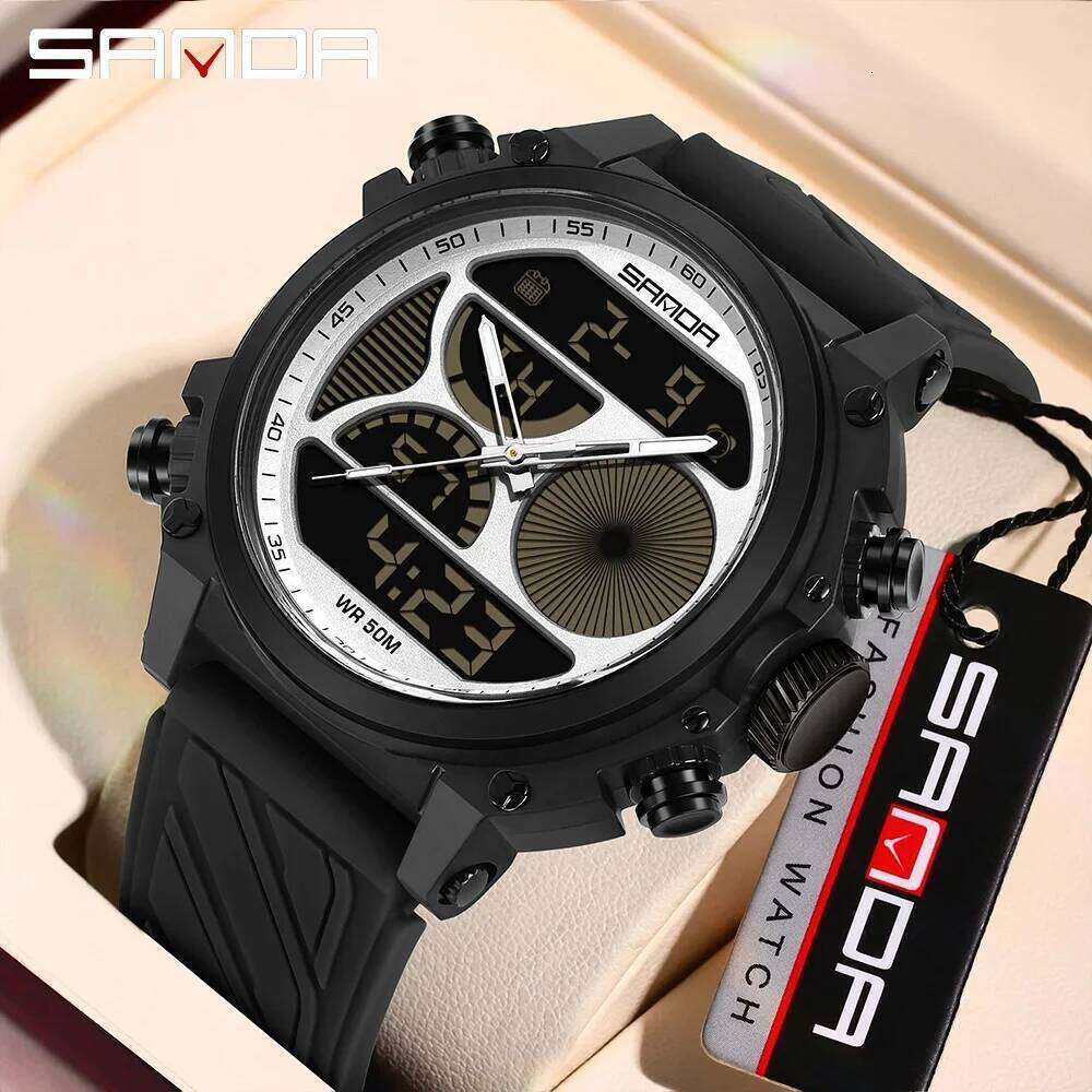 SANDA 6236 New Electronic Watch Sport Fashion Large Dial Dual Screen Multi functional Waterproof LED Night Light Men Watche