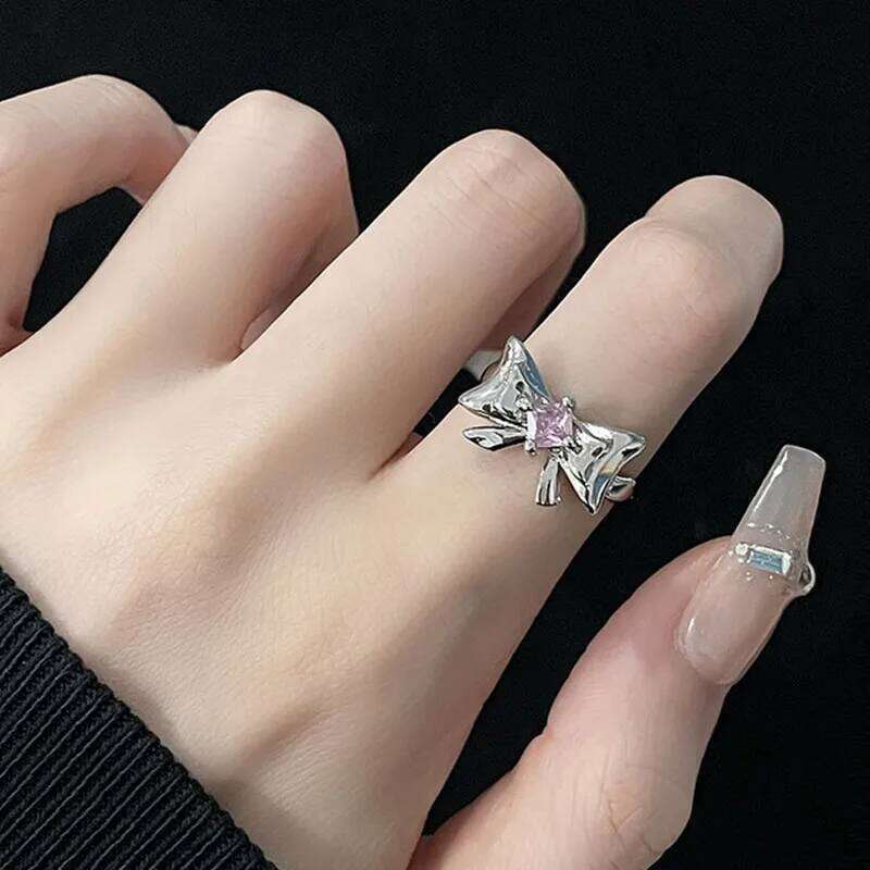 Pink Crystal Irregular for Women Creative Blue Opal Heart Open Shiny Geometric Zircon Ring Vintage Y2K Jewely H260312