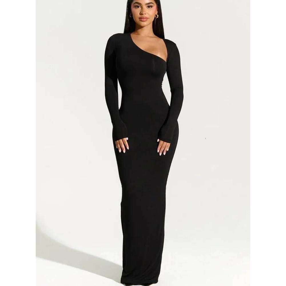 Spring Fashion Women's Black Split Evening Irregular Neck Long Sleeve Slim Dress Solid Color Elegant Bodycon C260312