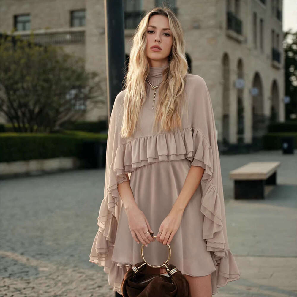 Sexy V-neck Sling Mini Skirt & Ruffle Cape Outfits Fashion Turtleneck Solid Color Loose 2Pc Suit Women Elegant Draped Party Set Asia Size