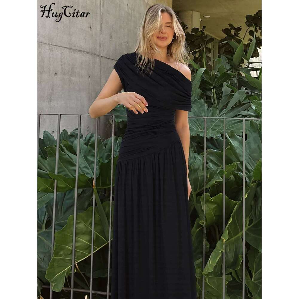 Hugcitar One Shoulder Ruched Sleeveless Solid Pleated Sexy Irregular Y2K Maxi Dress Summer Elegant Party Women Clothes Vacation C260312