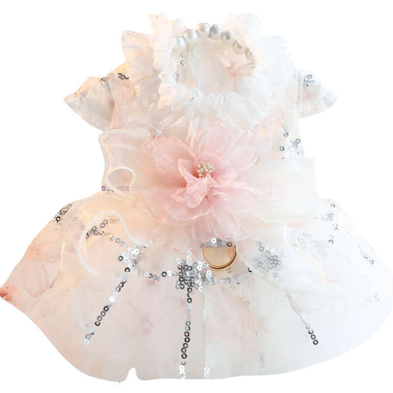 Dog Clothes Summer Thin Princess Lace Dress With Flutter Sleeves And Leash For Small Dogs Teddy Pet 6842 Cross-Border Wholesale