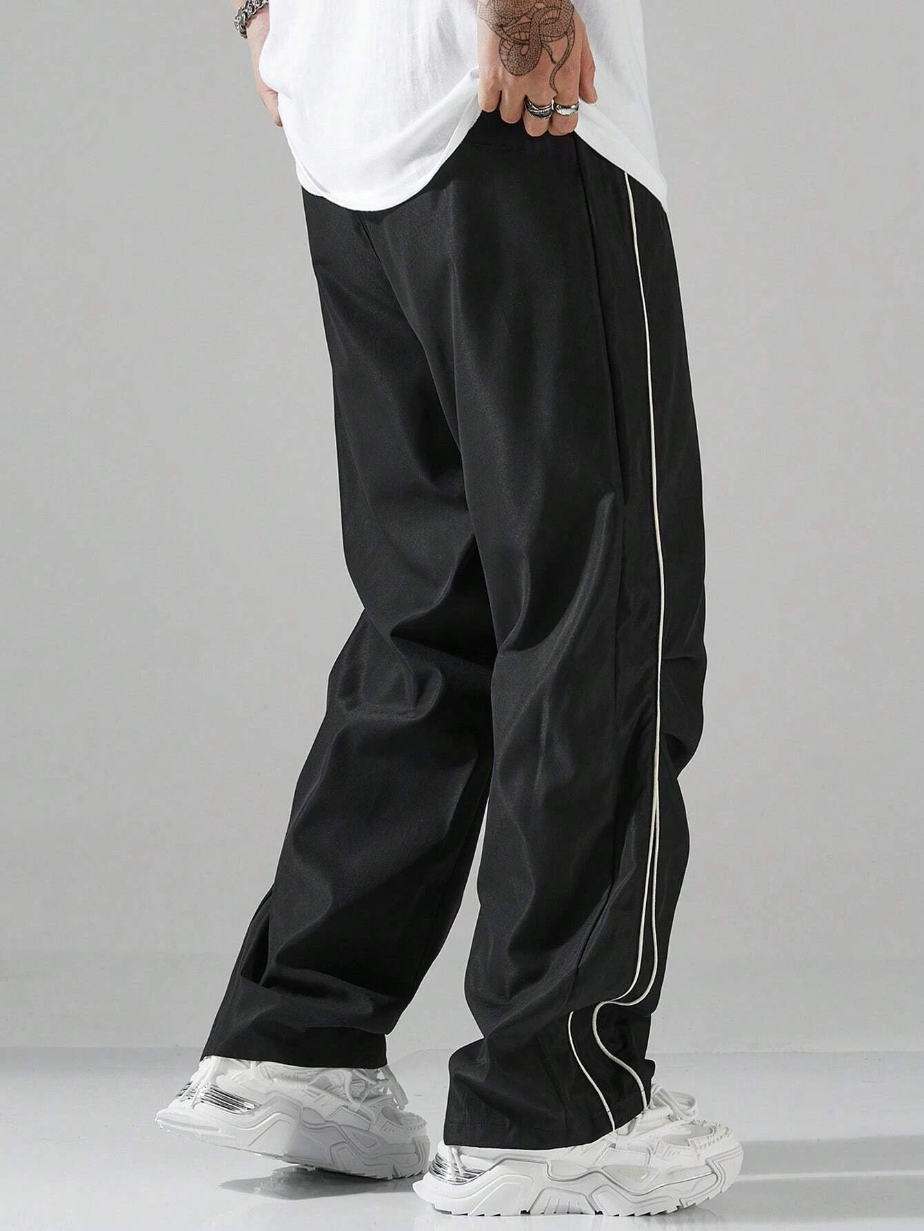 Larbulse Men Contrast Trim Trouser Fashion Casual Pants Solid Color Breathable Loose Straight Drawstring Pants Streetwear 260311