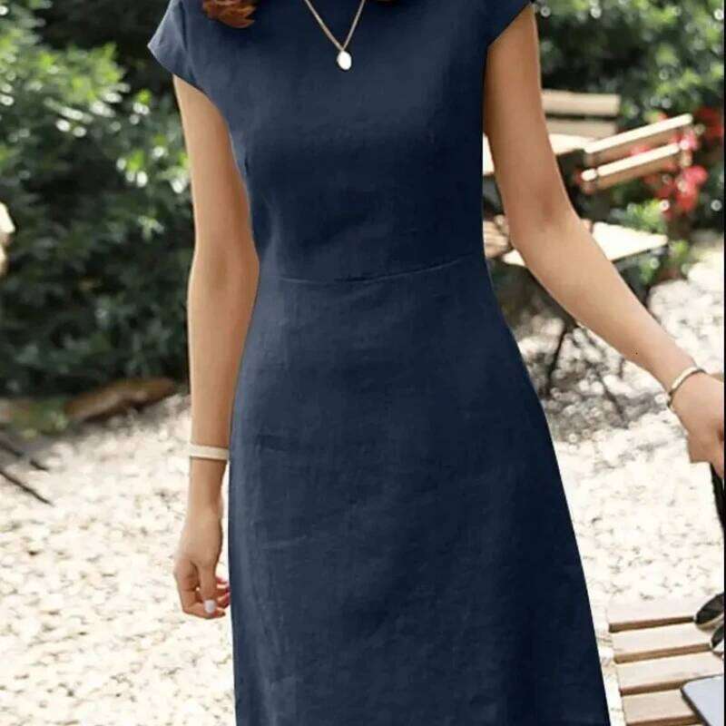 2025 Spring Cotton Linen Women's O-neck Short Sleeve A-line Casual Dresses Female Trendy Fashion Loose Clothes Ladies C260311