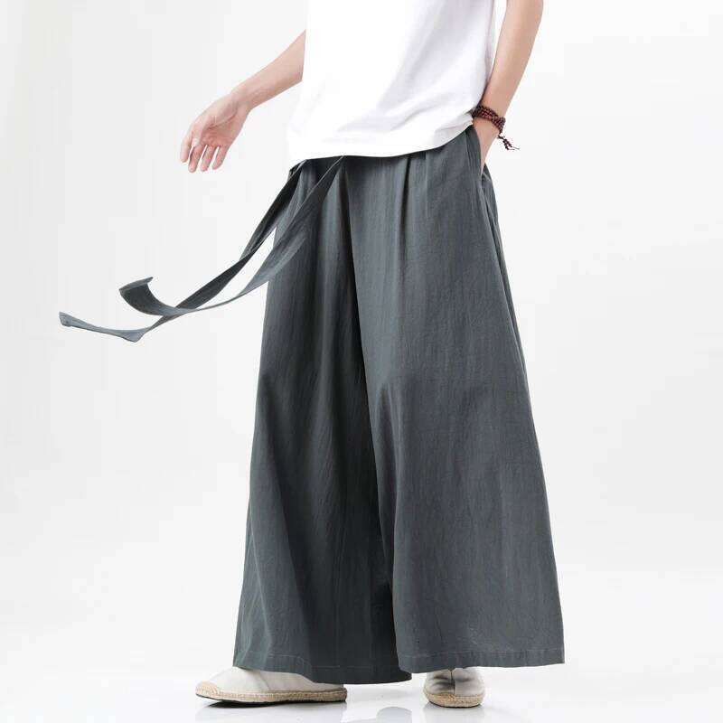2023 Chinese Style Harajuku Cotton Linen Man Japanese Kimono Pants Male Streetwear Summer Retro Wide-Leg Trousers