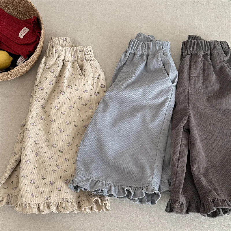deer jonmi 2026 Spring Baby Girls Wide Leg Pants Floral Printed Korean Style Corduroy Ruffles Toddlers Kids Casual Trousers 260311
