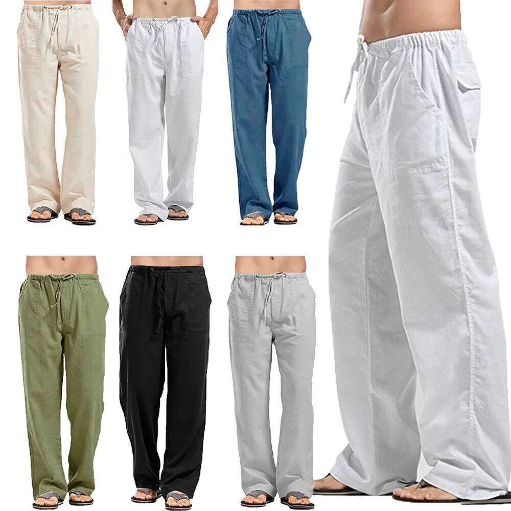 Men's Cotton Summer Solid Color Breathable Linen Trousers Male Casual Elastic Waist Fitness Pants
