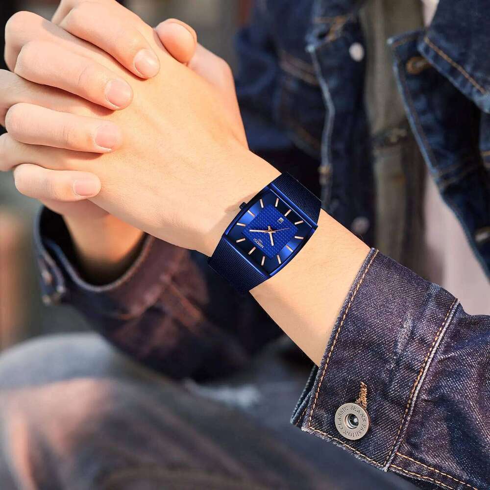 NIBOSI Watches Business Square Military Waterproof Sport Analog Quartz Wrist Watch for Men Stainless Steel Mesh Strap Date
