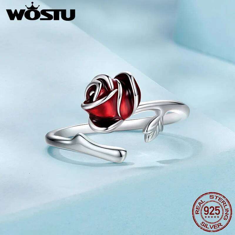 WOSTU Real 925 Sterling Silver Red Rose Opening Ring For Women Valentine Gift Flower Stud Earrings Fine Wedding Jewelry Set H260312