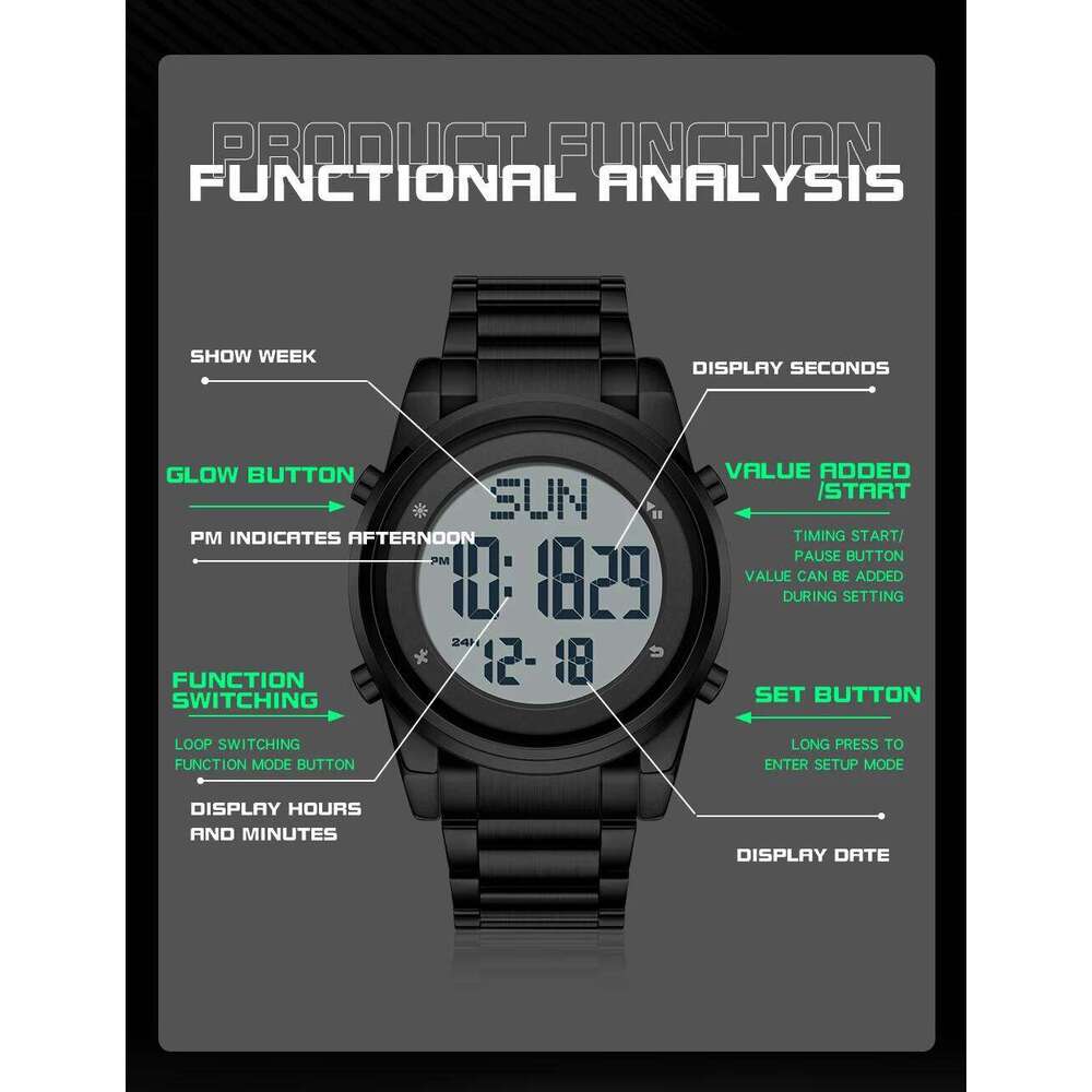 SANDA 6160 Luxury Sports Multi functional Waterproof Display Stainless Steel Strap Men's Electronic Watch
