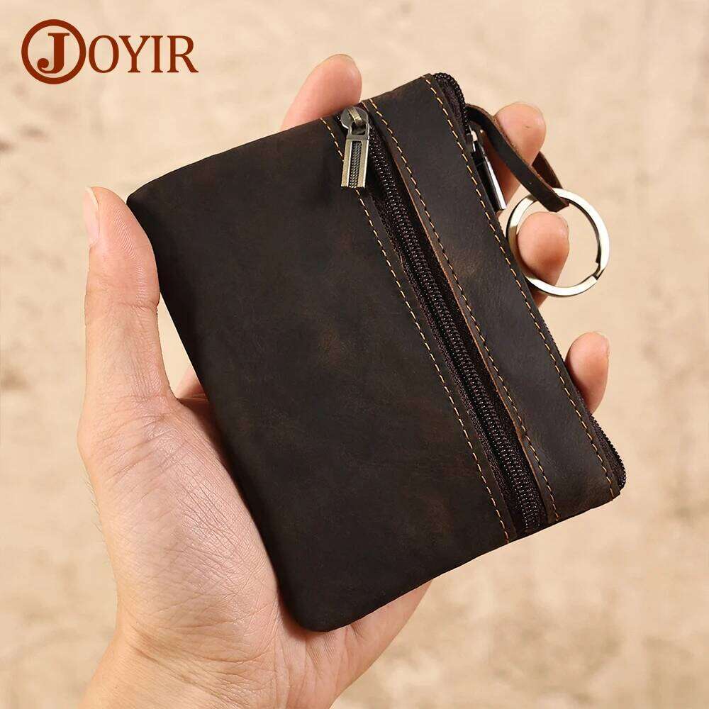 JOYIR Vintage Crazy Horse Leather Men's Coin Purse Card with Ring Cash Change Wallet Key Holder Money Pouch
