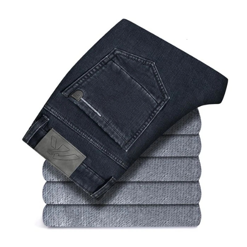 Winter Warm Mens Jeans Fleece Thickened Elastic Smoke Gray Black Business Straight Casual Denim Pants Man PlushClothes 260228
