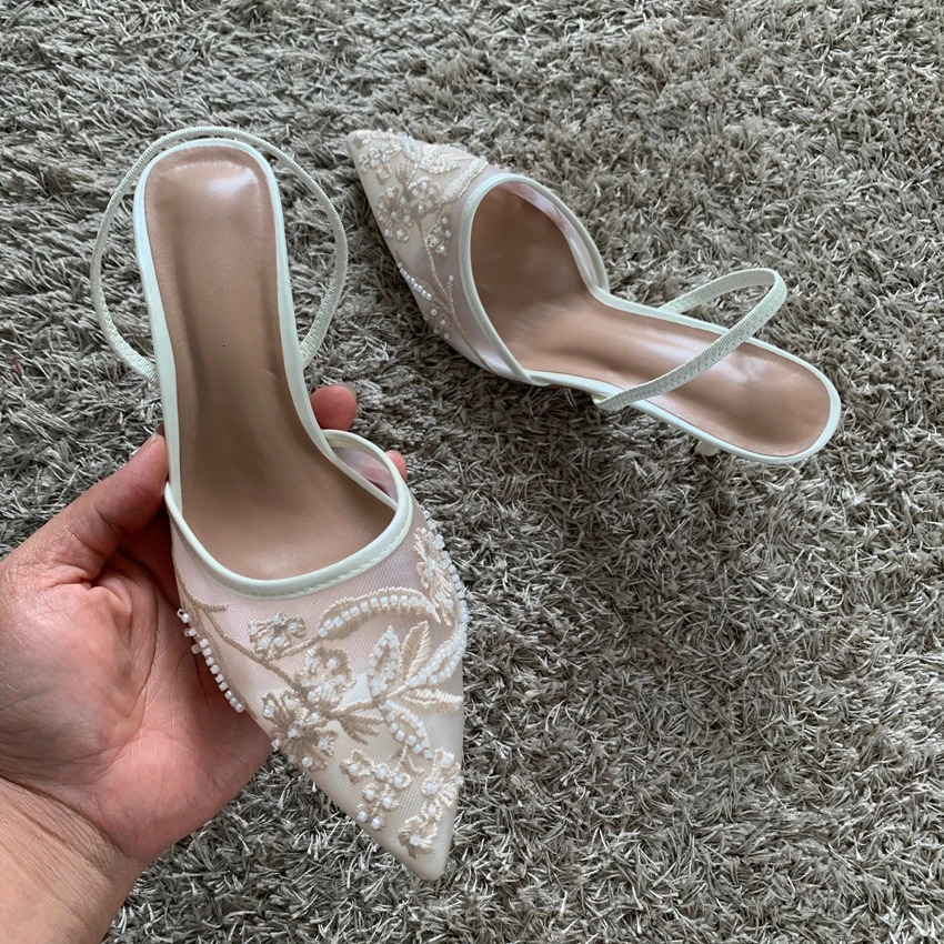Mesh Embroidered Thin High Heels Sandal 2025 Summer Sexy Slingback Pointed Toe Pumps Dress Shoes Woman Sandalias De Mujer 260306