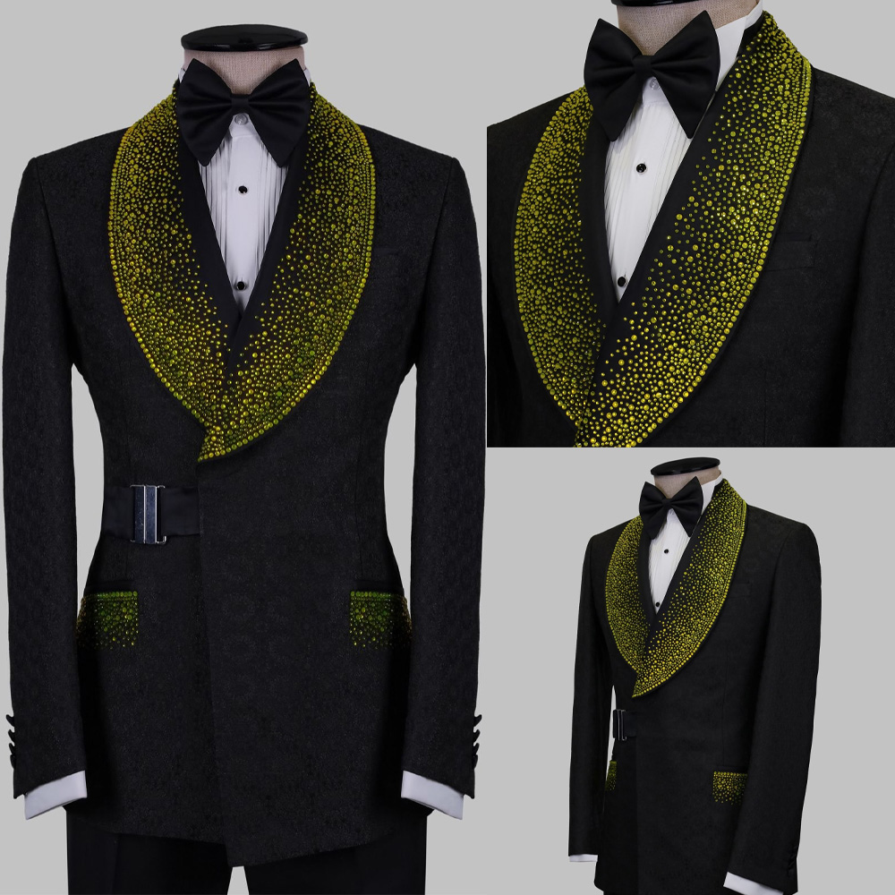 Modern Men Suits 2 Pieces Rhinestone Beaded Shawl Lapel Blazer Tailor-Made Jacquard Jacket Groom Prom Party Customized Coat Pant Plus Size