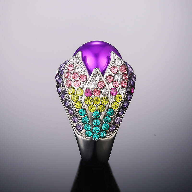 2026 Fashion Luxury Wedding Rings Vintage Purple Pearl Exaggerated Women's Full Diamond Petal Ring Alloy Ring Inlaid