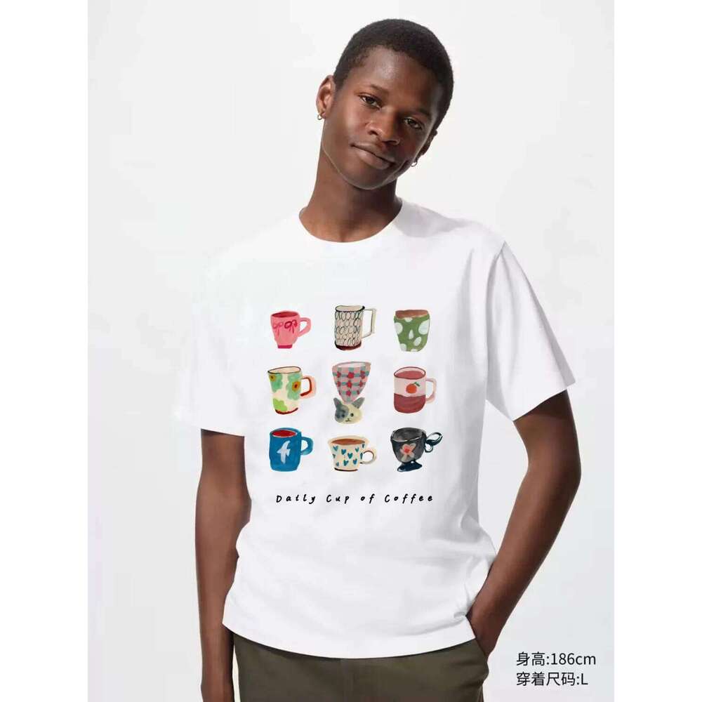 Daily Cups Coffee Print Crew Neck T-Shirt, Casual Short Sleeve Top For Spring & Summer, Women's Clothing Z260312