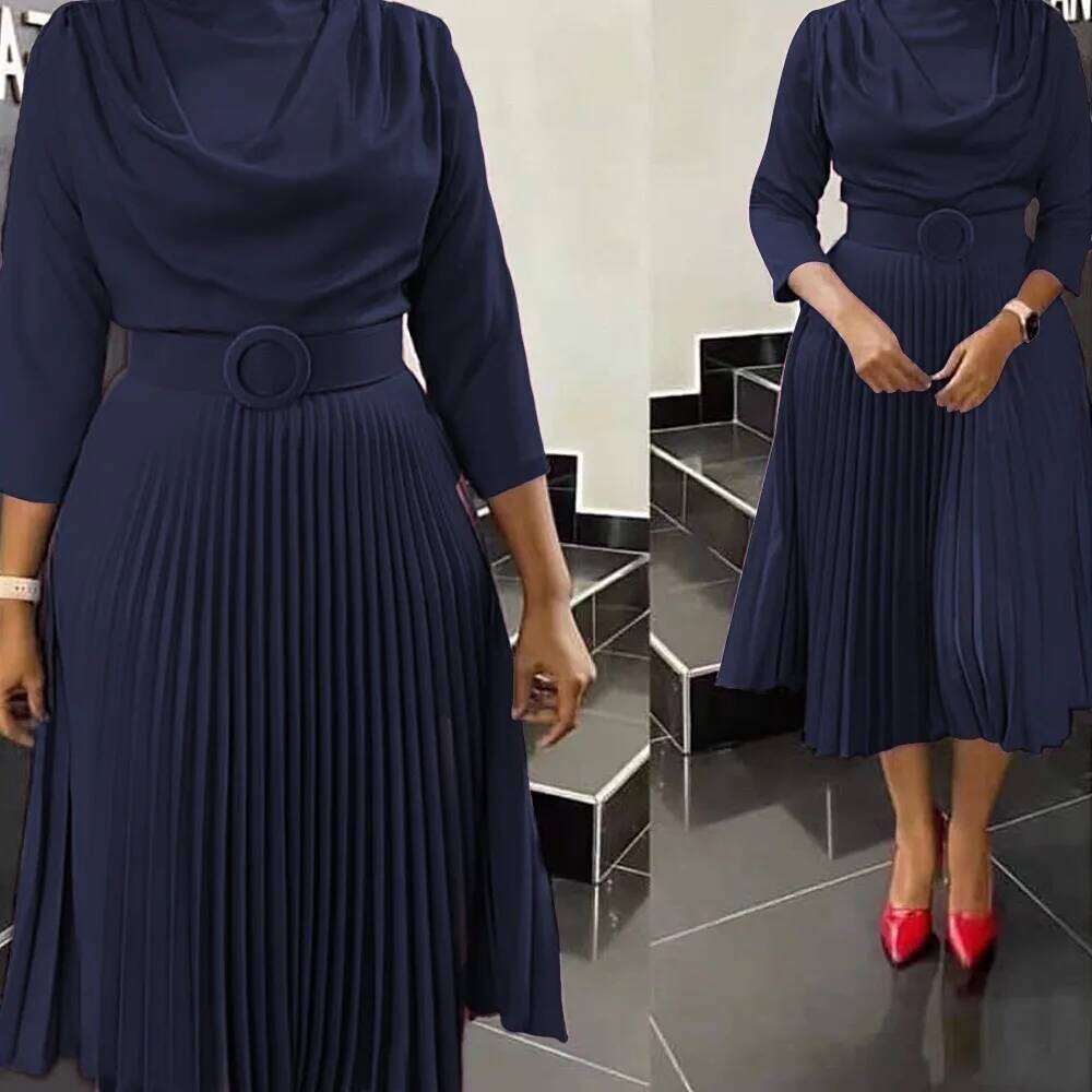 Elegant Office Pleated for Women Professional Round Neck Full Sleeve Belt Waisted Mid Calf Formal Business Work Dress New C260312