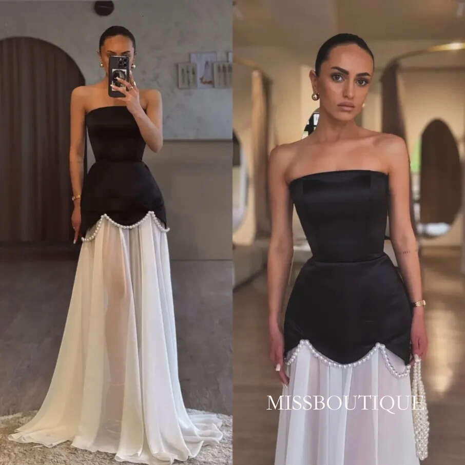 Special Design Petal Skirt Prom With Pearls Decor Satin Strapless Women Formal Occasion Evening Gowns Fishtail Floor Length White And Black Maxi Dress