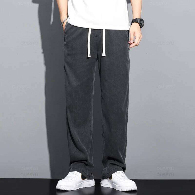 Summer Soft Lyocell Fabric Men's Jeans Thin Loose Straight Pants Drawstring Elastic Waist Korea Casual Trousers Plus Size M-5XL 26Y0312
