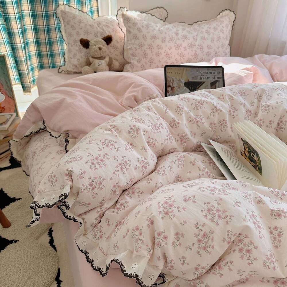 Floral Ruffles Princess Bedding Duvet Cover Pillowcases Bedsheet Skin-friendly Bed Linen Set Girls Room Bedclothes 3/4Pcs H260312