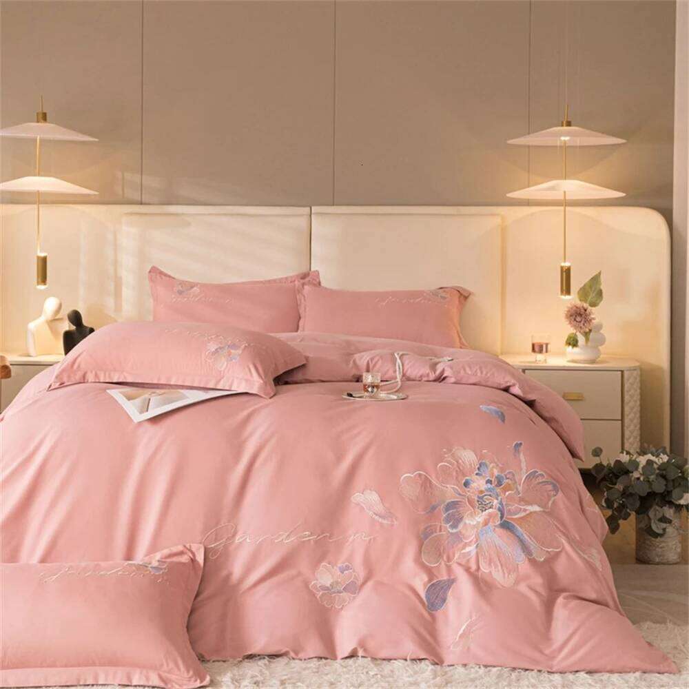 Flowers Embroidery Bedding Light Brushed Four-Piece Girl Bedroom Decor King Duvet Cover Set Bed Sheet Pillowcases H260312