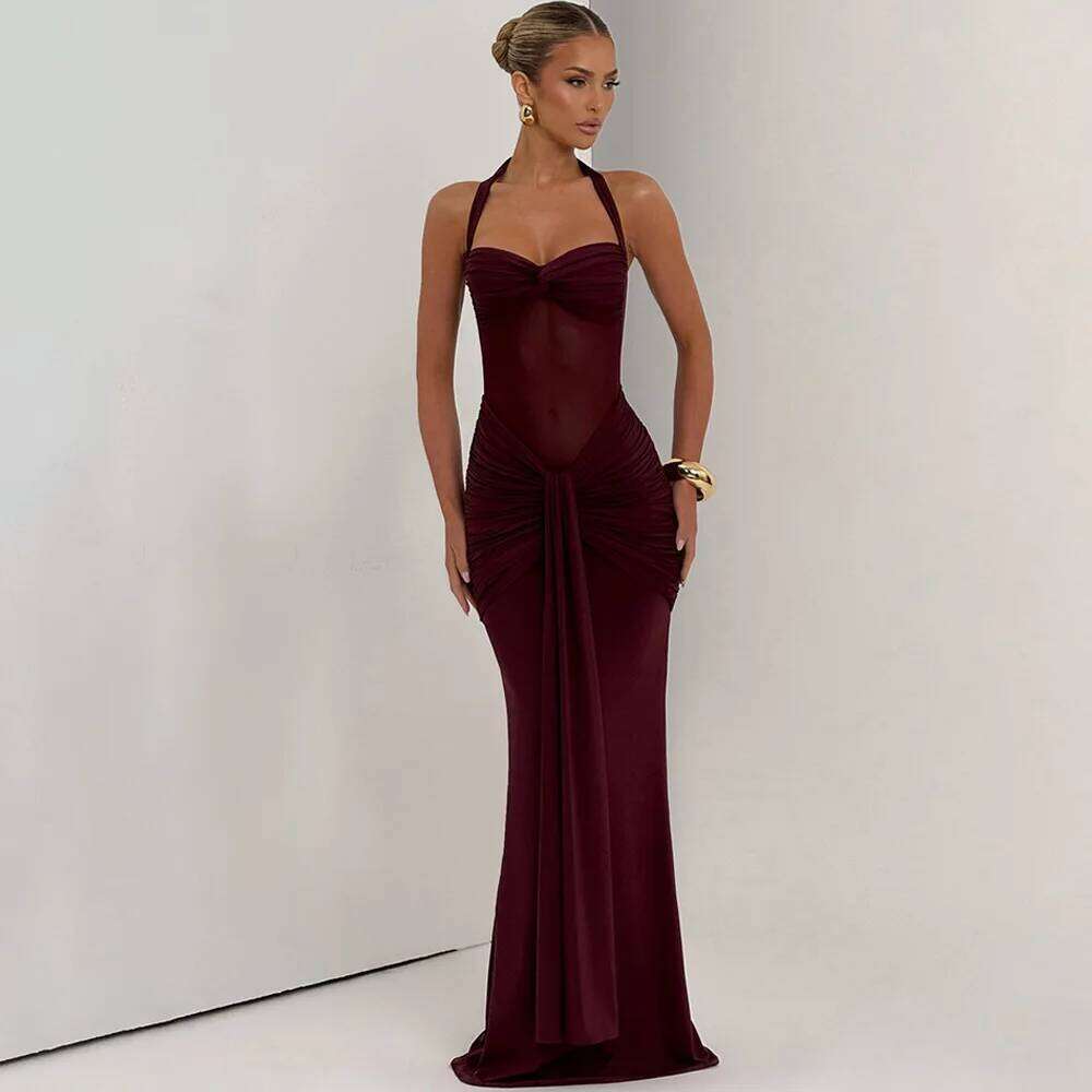 Sexy Strapless Halter Long Fashion Bandage Mesh Splice Autumn New Streetwear Evening Party Women's Dress C260312