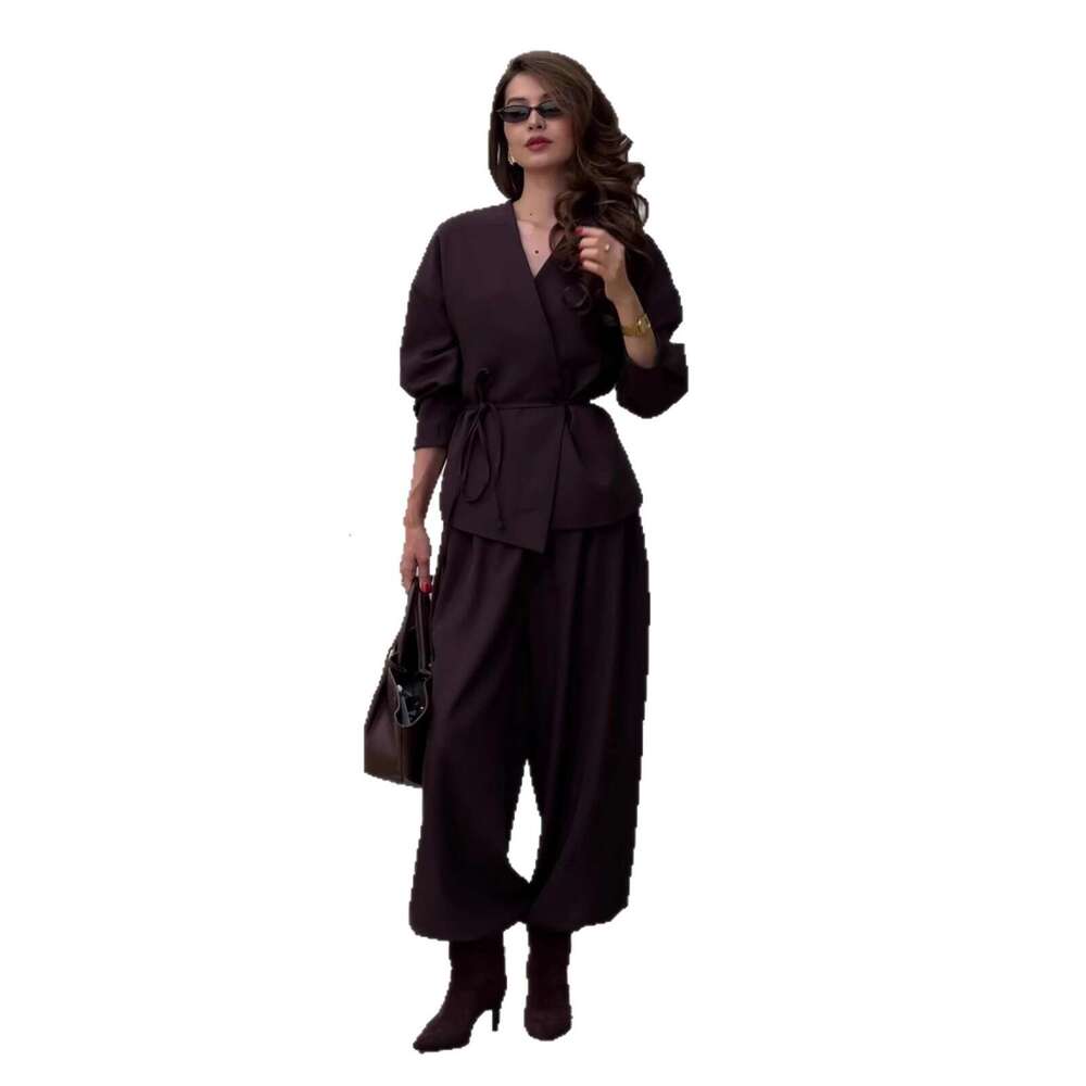 European And American Autumn New Cross Neck Long Sleeve Tie Wide Leg Pants Elegant Women S Set