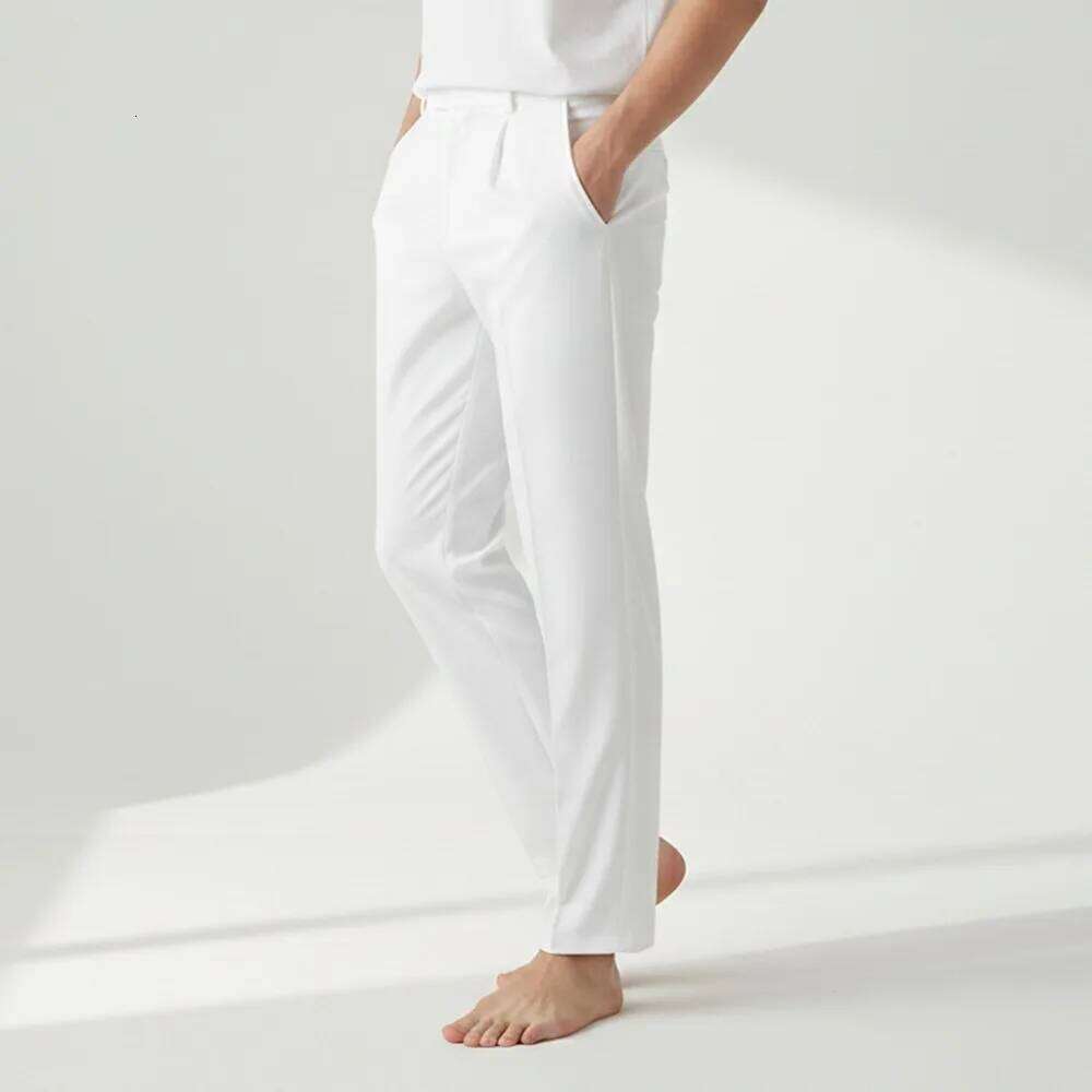 Men's Casual Straight Leg Dress Pants Korean Fashion Solid Color Semi Elastic Waist Business Trousers Spring Summer Clothing