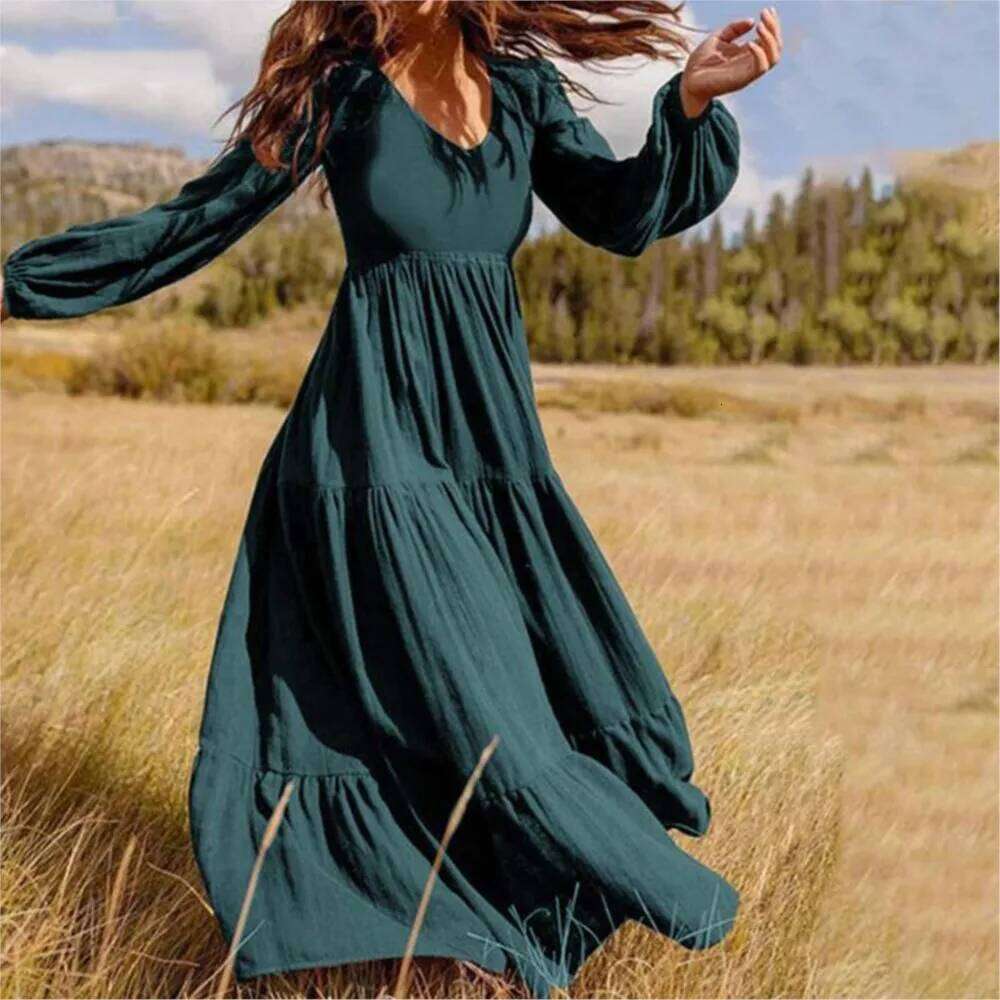 Elegant V-neck High Waisted Ruffle Spliced Long Autumn Streetwear Women's Large Swing Dress 2024 Femme Robe C260312