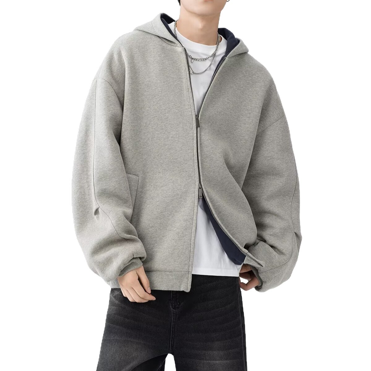 Double Zipper Heavyweight Cardigan Sweatshirt Men's Designer Hoodie Trendy Loose Casual Stiff Color-block Retro Hoodie Jacket For Men