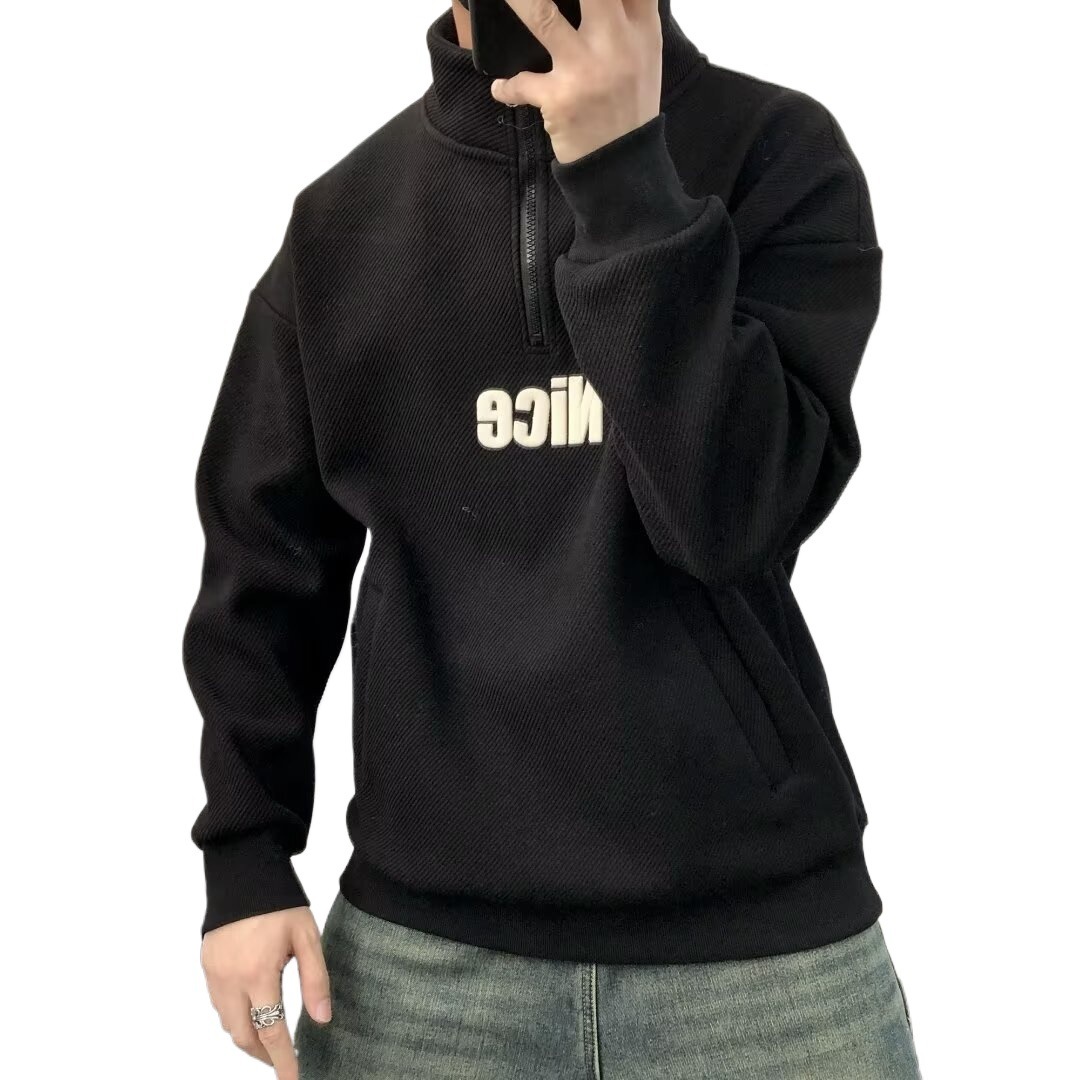 White Minimalist Printed Designer Hoodie Loose-fit Half-high Collar Sweatshirt Autumn New Style Unique Trendy Fashion Casual Men's Top