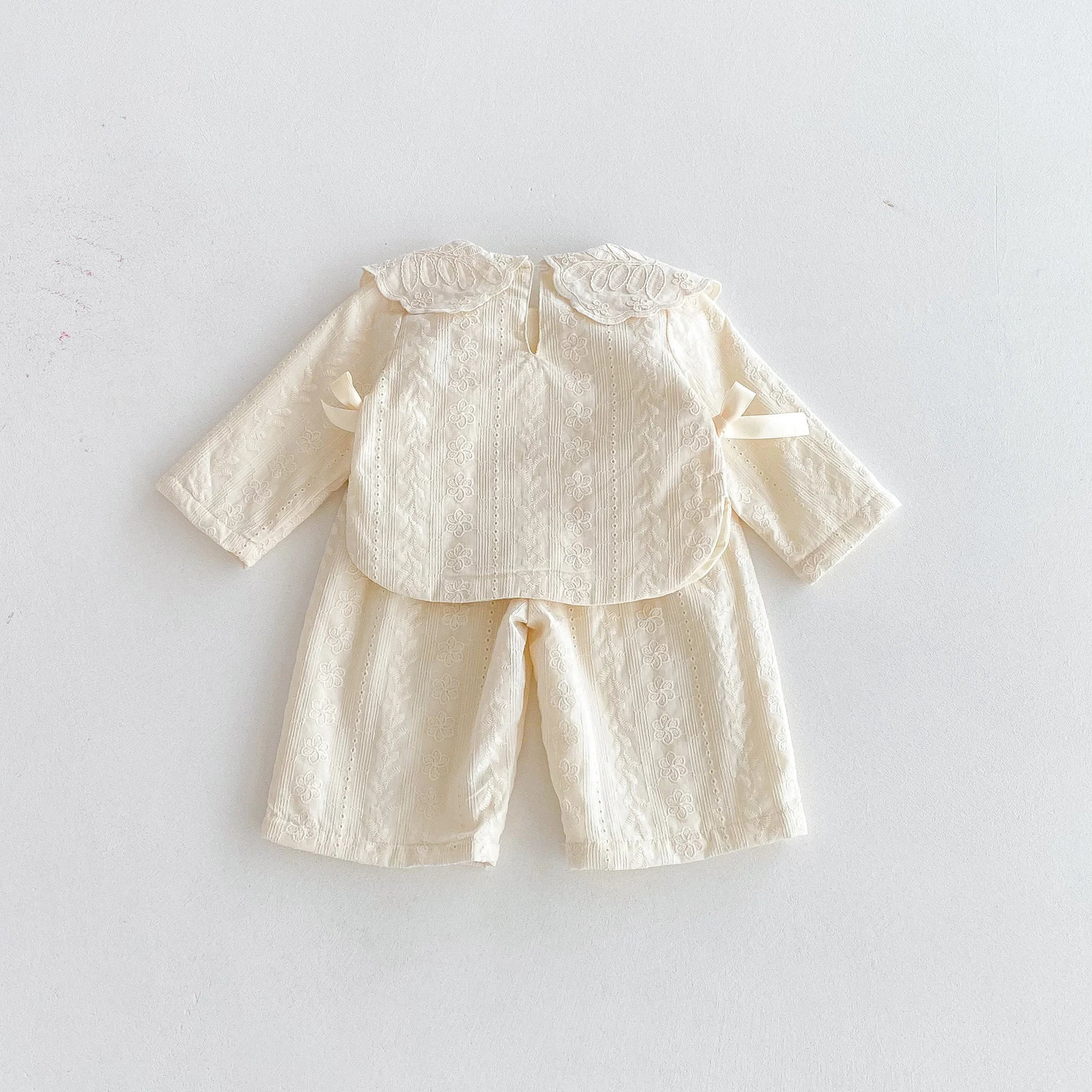 Baby girl lace collar top wideleg pants set autumn girls bow jacquard fabric twopiece 260311