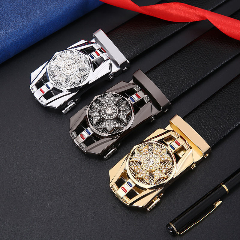Men's Luxury Diamond-Embellished Belt, Bling Fashion Waist Belt with Red Automatic Needle Buckle, Iron Animal-Pattern Buckle, PU Construction for Outd