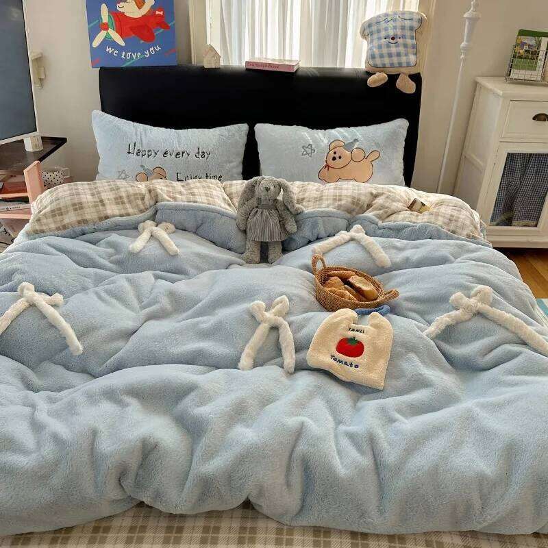 2025 winter new soft rabbit four-piece set three-dimensional bow thickened warm milk fleece duvet cover dormitory H260312