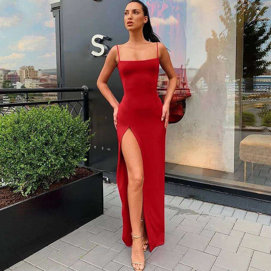 Spring and autumn camisole dress, straight neck, thin shoulder straps, split A-line long skirt C260312