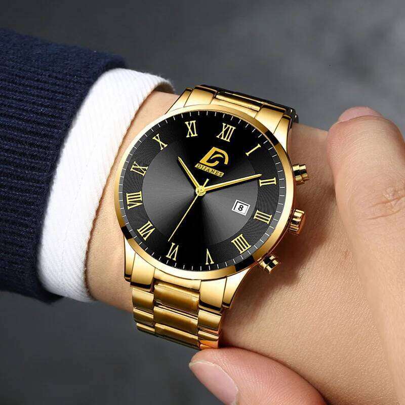 6P/Set Golden Quartz Men, Gold Business Casual Fashion Watch Set for Men