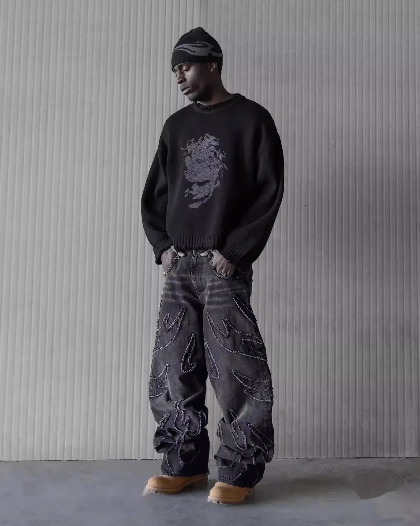 Mens Jeans Y2K Vintage Streetwear Black Wide Leg Denim Pants Ripped Patchwork Raw Hem Distressed Loose Fit Dark Punk Fashion 260310