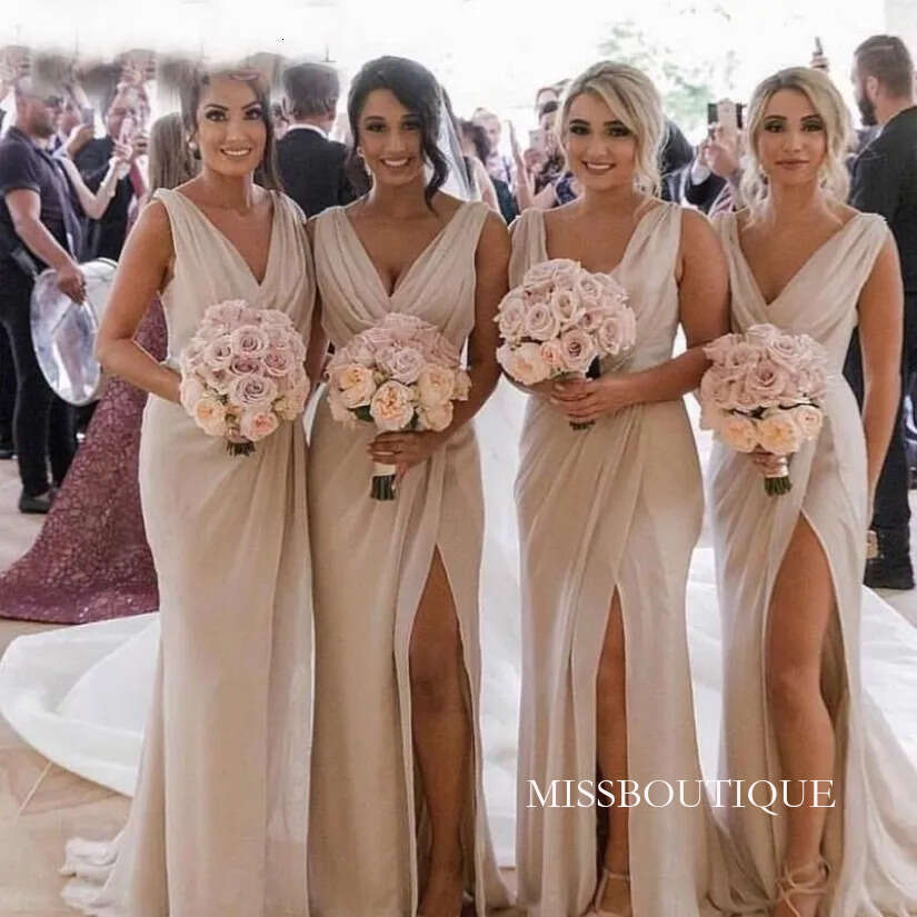 Sexy Champagne Bridesmaid Dresses Chiffon Deep V Neck Front Side Split Plus Size Maid Of Honor Gown Wedding Guest Dress J09 B0312