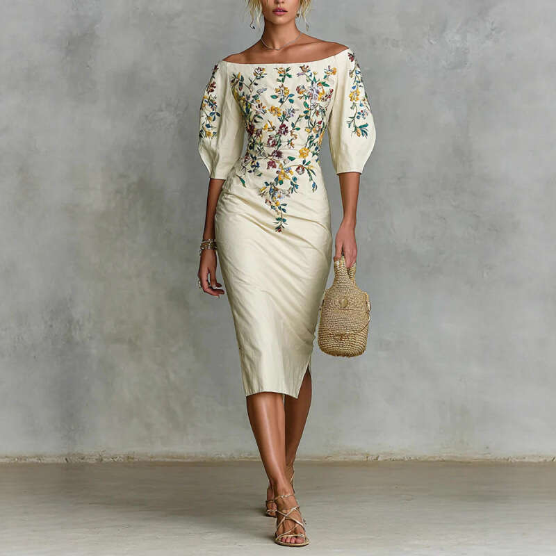 Spring Elegant Floral Print Slim Female Clothing Sexy Slash Neck Hollow Slit Party Dresses Woman Casual Half Sleeve Embroidered Waist-cinching Holiday