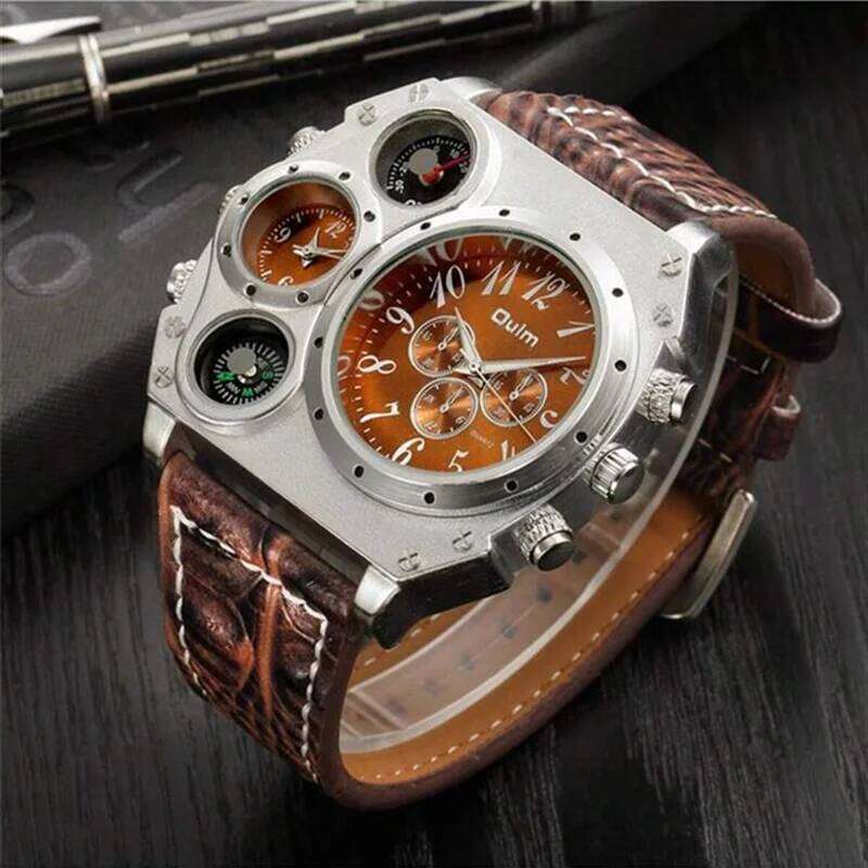 Oulm Fashion Casual Night Light Dual Time Zone Large Dial Leather Strap Men's Quartz Watch reloj hombre