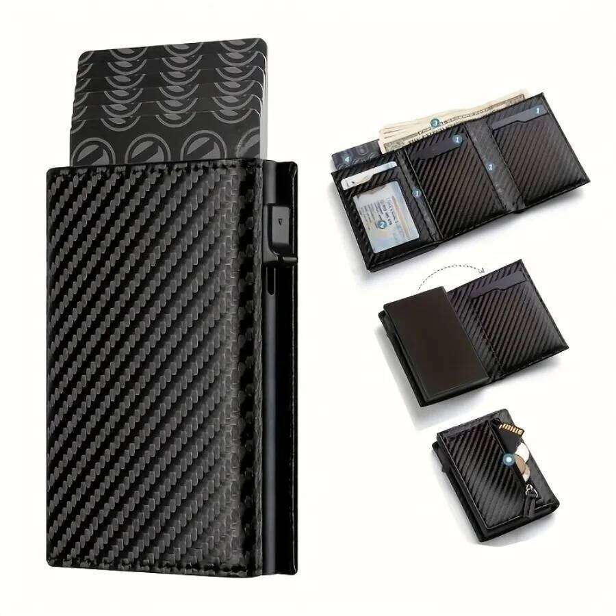 Men's with Zipper Coin Purse Automatic Pop-up Metal Credit Holder Minimalist RFID Blocking Business Card Wallet Idea