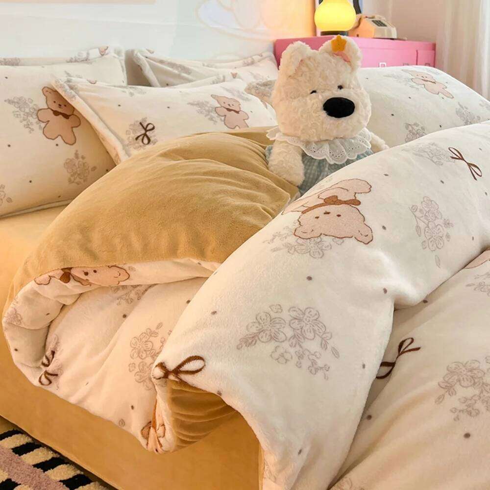 Thickened Winter Warm Bedding Soft Cartoon Printed Milk Velvet Four-Piece Set Bedroom Decor Quilt Cover Bed Sheet Pillowcase H260312