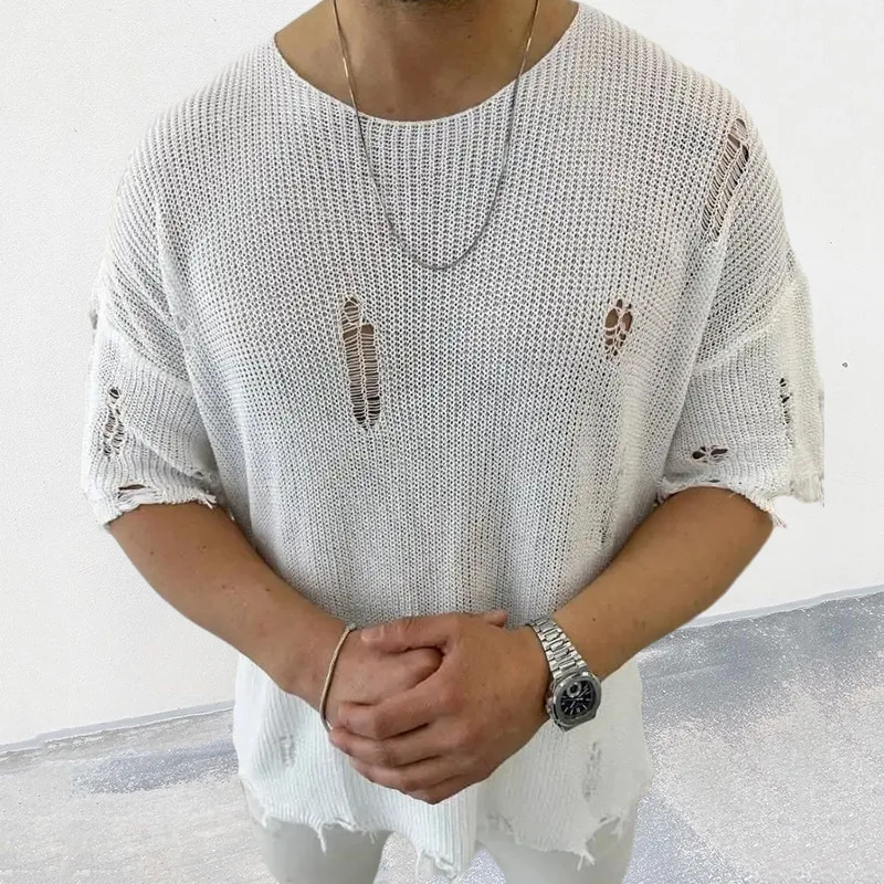 Summer Men Sweater Thin Short Sleeve O-neck Knitted T-shirt Tops Casual Hollow Loose Knit Shirt Pullover Male Streetwear 260311