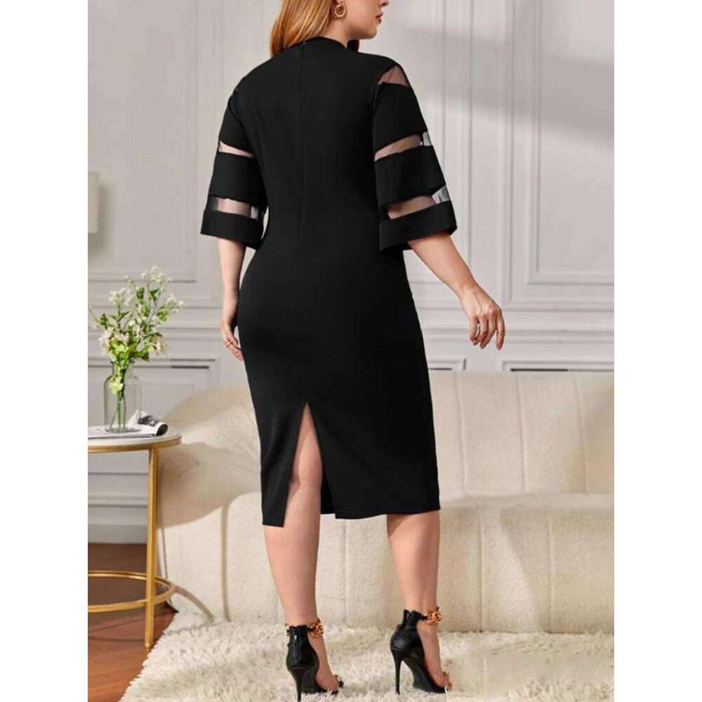 Spring/Summer New plus Size Elegant Women's Dress Black Mesh Paneling Bell Sleeve Sexy Bodycon Business Casual round Neck Solid C260312
