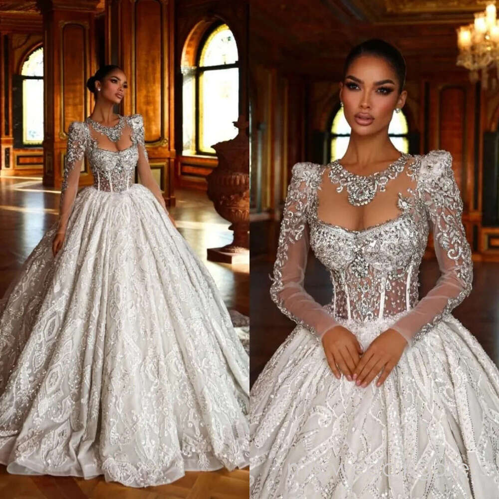 Gorgeous Wedding Dresses Rhinestone Bridal Ball Gowns Crystal Long Sleeves O Neck Princess Sweep Train Customized Bride Vestidos De Novia Plus Size